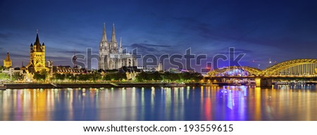 Cologne, Germany. Panoramic image of Cologne with Cologne Cathedral during twilight blue hour.