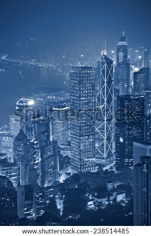 Hong Kong. Toned image of Hong Kong with many skyscrapers at night.