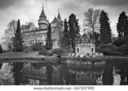 Fairytale Castle. Black and white image of the Bojnice Castle, located in the heart of Slovakia, Europe.
