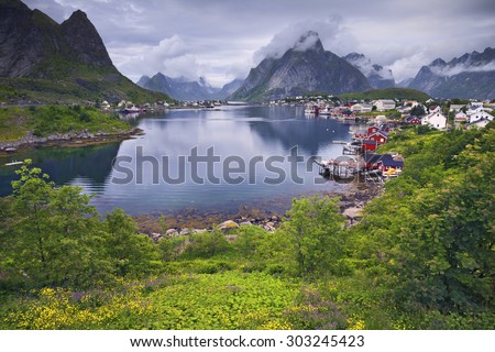 Norway. Scenic town of Reine on Lofoten islands in Norway on cloudy summer day.