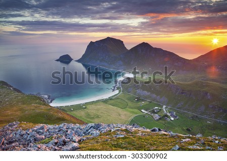 Norway. View of  Lofoten Islands, located in Norway, taken from Holadsmelen, during summer sunset.