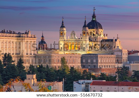 Madrid. Image of Madrid skyline with Santa Maria la Real de La Almudena Cathedral and the Royal Palace during sunset.