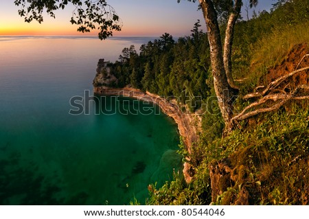 Miners Castle rock formation at sunset. Located in Pictured Rock National Shoreline, Michigan, USA.