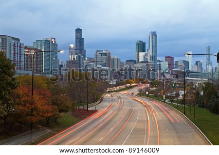 City of Chicago. Image of modern dynamic city of Chicago at twilight.