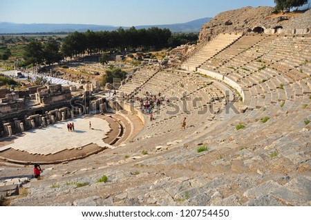 The impressive ruins of the ancient Theater in Ephesus, Turkey. It is believed to be the largest outdoor theater in the ancient world