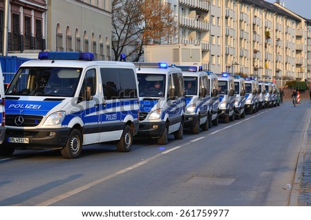 FRANKFURT, GERMANY - MARCH 18, 2015: Police cars, Demonstration Blockupy