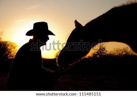 Horse reaching towards his trusted person, a man in cowboy hat, silhouetted against winter sunset