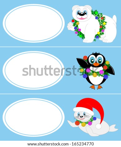 Christmas sticker design with baby cartoon animals, a penguin, a polar bear and a seal, with bubbles for text