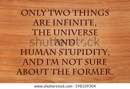Only two things are infinite, the universe and human stupidity, and I\'m not sure about the former - quote on wooden red oak background