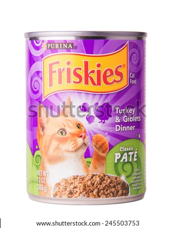 DEPEW, OK, USA - January 19th, 2015: Can of Friskies turkey and giblets cat food. Friskies is a brand owned by Nestle Purina PetCare, St Louis, MO, USA.