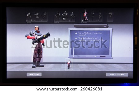 Depew, OK, USA - March 14, 2015: Red Medic on class selection screen of Team Fortress 2, a team-based first-person shooter multiplayer video game by Valve Corporation, released on October 10, 2007.