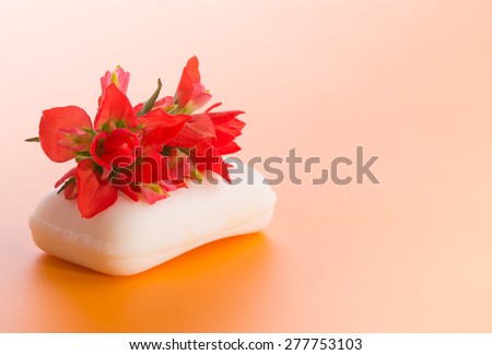 White bar of soap with a bright red Indian Paintbrush flower, on gradient orange background