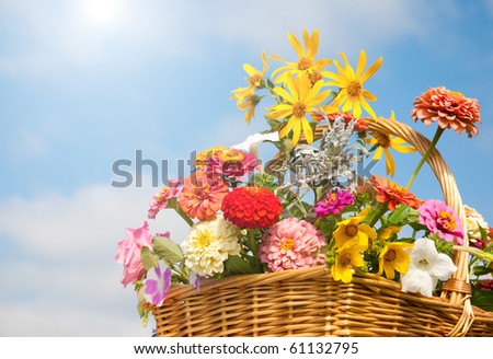 Brilliant, colorful flowers in a wicker basket against sky and clouds