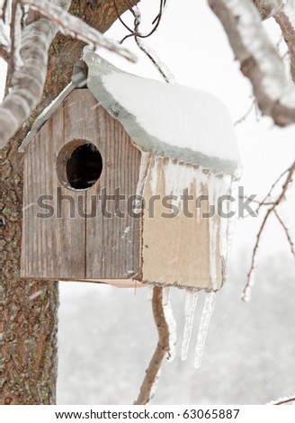 A bird house after an ice storm with icicles hanging off its roof, with a snowstorm blowing snow on it, abstract concept of an abandoned home