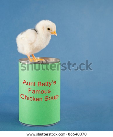 A black humor image of a chick standing on a can of chicken soup, with copy space
