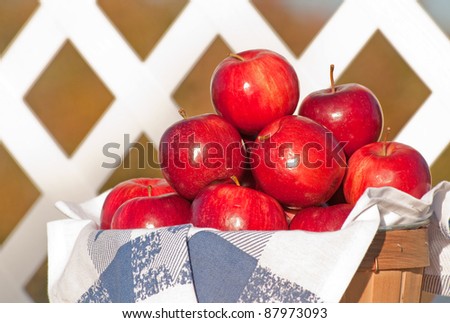 Fresh apples in a basket lined with a blue and white linen towel