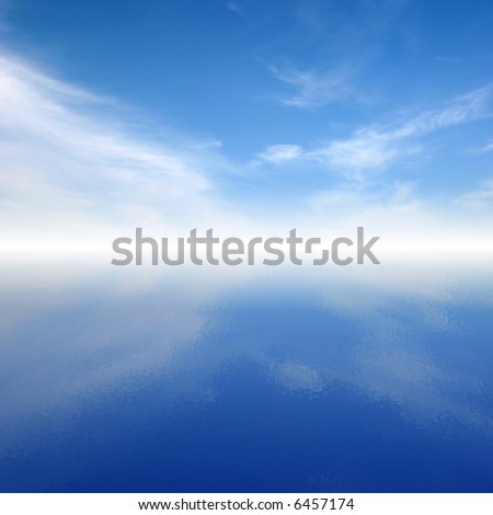 Blue calm clouds on sky reflected in water and mystic horizon.