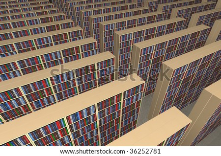 An infinite library with rows of bookshelves filled with books - all the titles and logos of my authorship - digital artwork