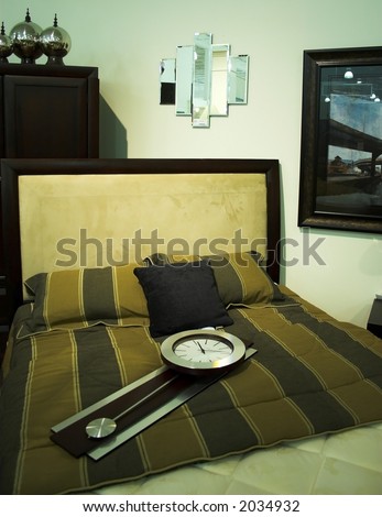 bed room set with CLOCK on the bed