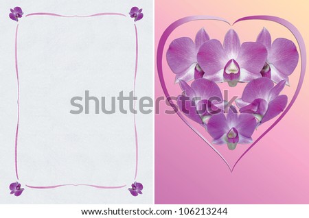 Two-field card of violet orchids on golden-violet background. Image converted through CMYK color mode.