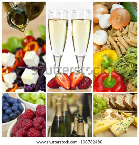 Macro photographs of a fresh food montage salad fruits pasta and cheese with champagne