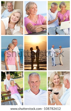 Happy retirement senior man and woman couple active romantic vacation together in summer sunshine