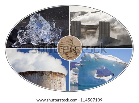 Environmental concept montage of a human carbon footprint and different environmental changes, icebergs and pollution