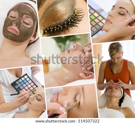Montage of beautiful women relaxing at a health and beauty spa having massage treatments and their makeup applied by a beautician