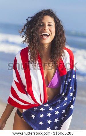 Beautiful Young Woman Laughing Wearing Bikini And Wrapped In American