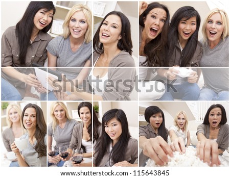 Three beautiful interracial young women friends at home having fun playing video games, drinking, eating popcorn and using a tablet computer together laughing and celebrating