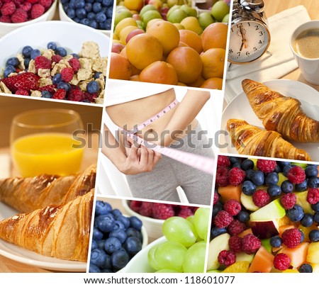 Montage of woman measuring waist & macro photographs of fresh food, and a female healthy diet lifestyle