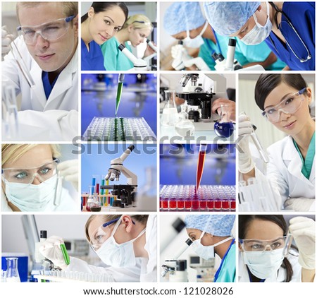 Montage of a medical or scientific research team men and women using microscopes and looking at test tubes in a laboratory
