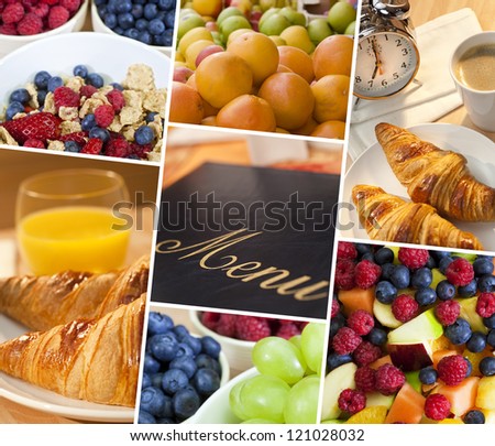 Montage of menu & macro photographs of fresh food, fruit and breakfast, a healthy diet lifestyle
