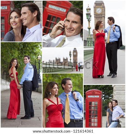 Montage of romantic man and woman couple on vacation seeing the sights and landmarks in London, England, Great Britain