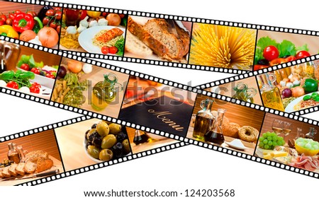 A film strip montage macro photographs of fresh gourmet food and a menu with pasta bread salad olives cheese ham melon spaghetti vegetables oil & Balsamic vinegar