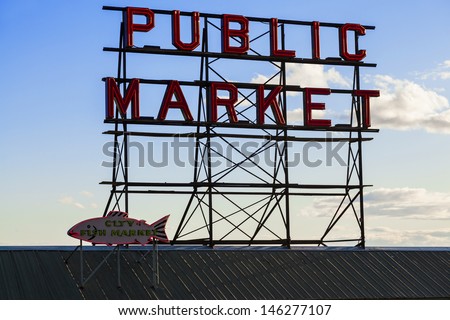 Seattle Public Market Center Sign, Pike Place Market, Seattle WA, USA