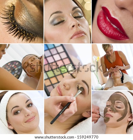 Montage Of Young Beautiful Women Girls, Relaxing At A Health Spa Having Make Up And Face Treatments Applied.
