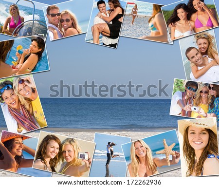 Montage of mixed race friends and couples men women enjoying a healthy active lifestyle on holiday vacation, at the beach playing games, taking pictures together, drinking cocktails & on a speed boat