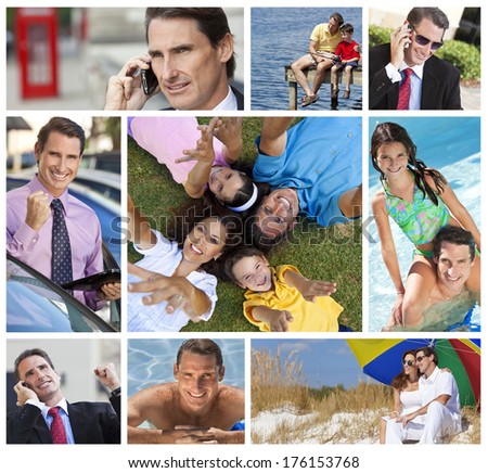 Montage of a successful working man, father and husband balancing working & family life, on cell phone, using tablet computer, at beach, swimming pool & fishing.