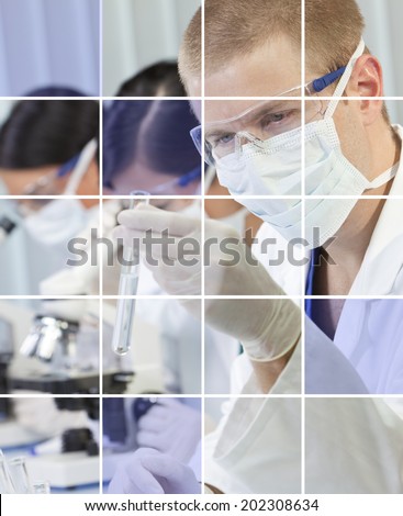 Male researcher and two female colleagues analyzing test tube sample in a medical scientific laboratory