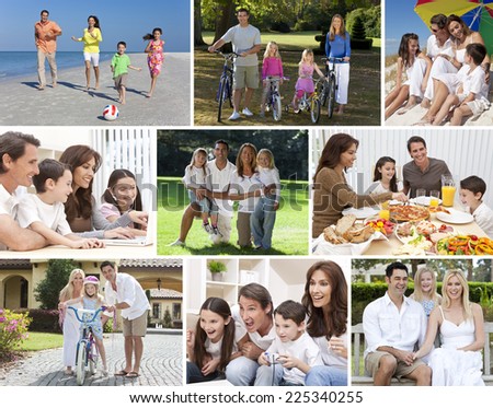 Montage happy families parents children boys girls enjoying an active lifestyle holiday vacation, cycling, beach, playing, swimming pool, eating healthy food, video games & using laptop computer