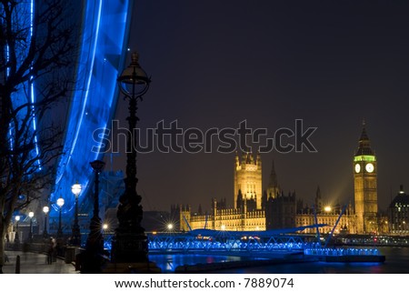 stock photo : Night time shot of London showing Big Ben, The Houses of 