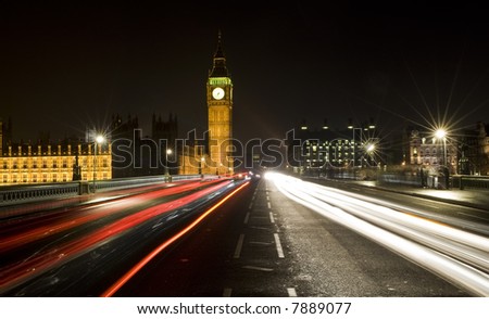 Night time shot of Westminster Bridge, London, England showing Big Ben and the Houses of Parliament