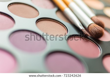 Macro close up photograph of make up or makeup pallet or palette and brushes