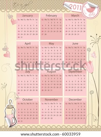 Baby Girl Calendar on Stock Vector   Calendar For 2011  Year   Baby Girl Theme   Every Group