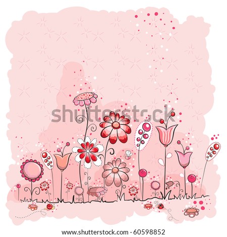 Pink flowers and insects greeting card - Every object grouped for easy use