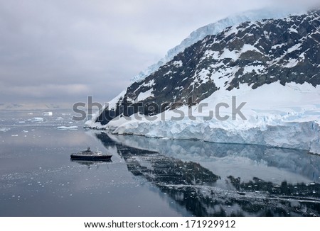 Antarctica landscape with cruise ship