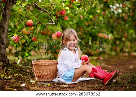 Cute little girl picking up apples in a green grass background at sunny day