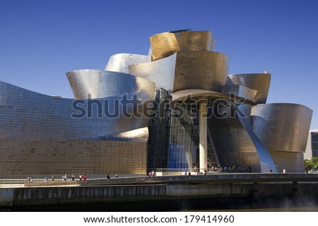 BILBAO, SPAIN - JULY 07, 2012: Close viewn of the Guggenheim Bilbao museum in Bilbao, Spain on Jul 07, 2012