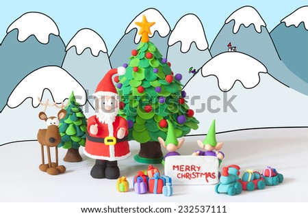 Santa Claus, gnomes and reindeer handmade with modeling clay wishing Merry Christmas on a drawn winter background